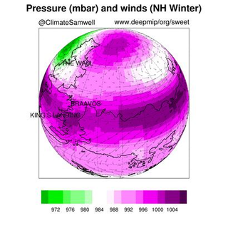 Surface air temperature (in degrees Celsius) predicted by the climate model for winter in the Northern Hemisphere. Image Courtesy of Dan Lunt / University of Bristol